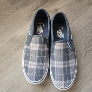 Vans Gray and White Plaid Slip-On Sneakers